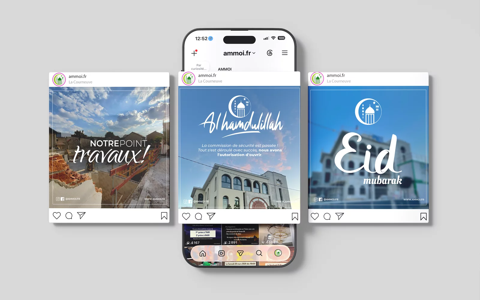 Créations Instagram AMMOI pour la communication des travaux, événements et fêtes religieuses