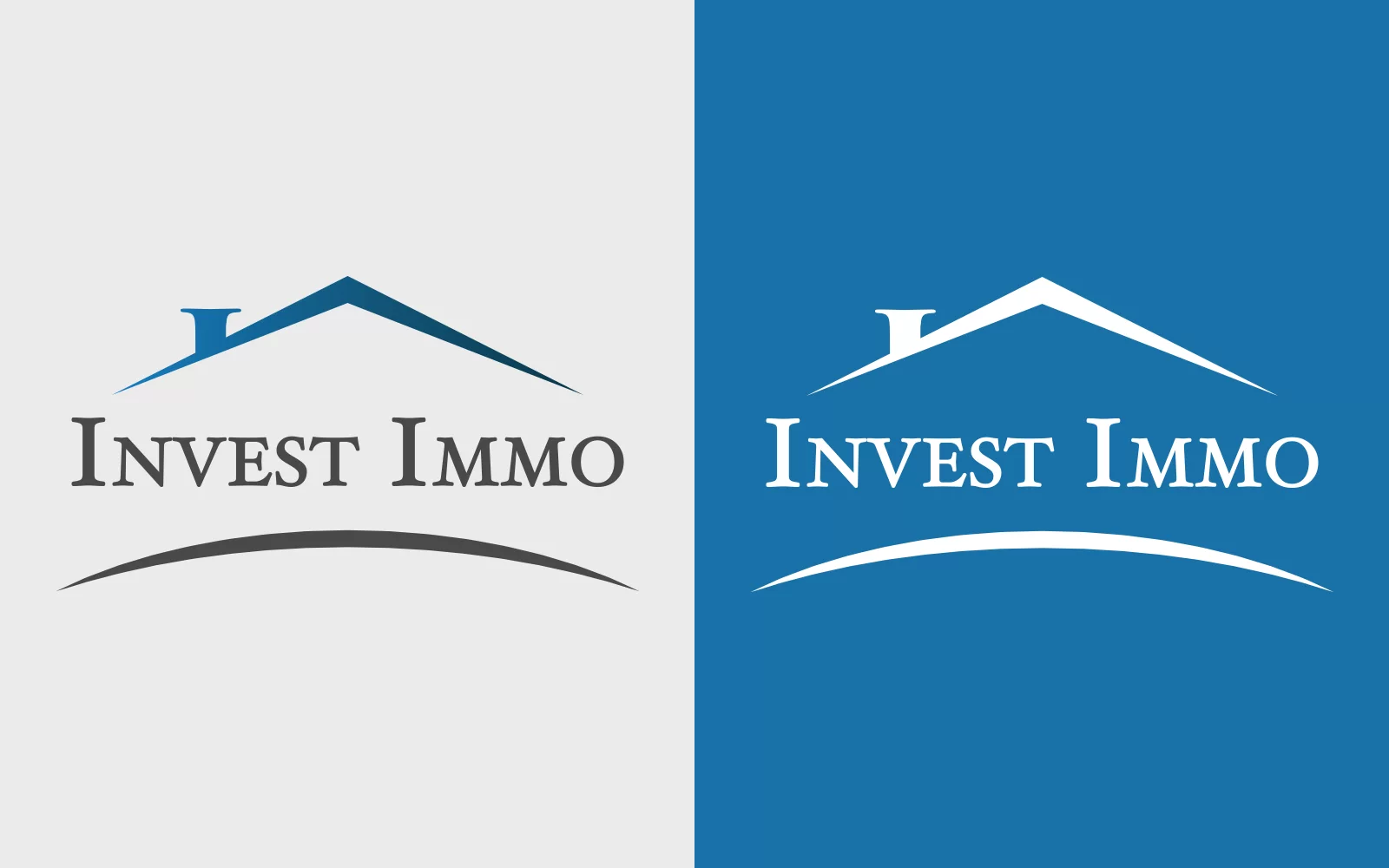Déclinaisons du logo Invest Immo sur fond clair et fond bleu