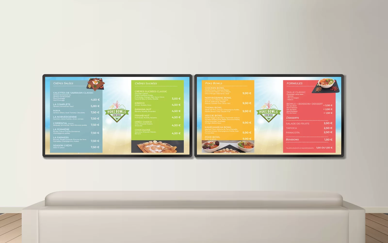 Menu numérique Poke Bowls Homemade affiché sur écran dans le restaurant