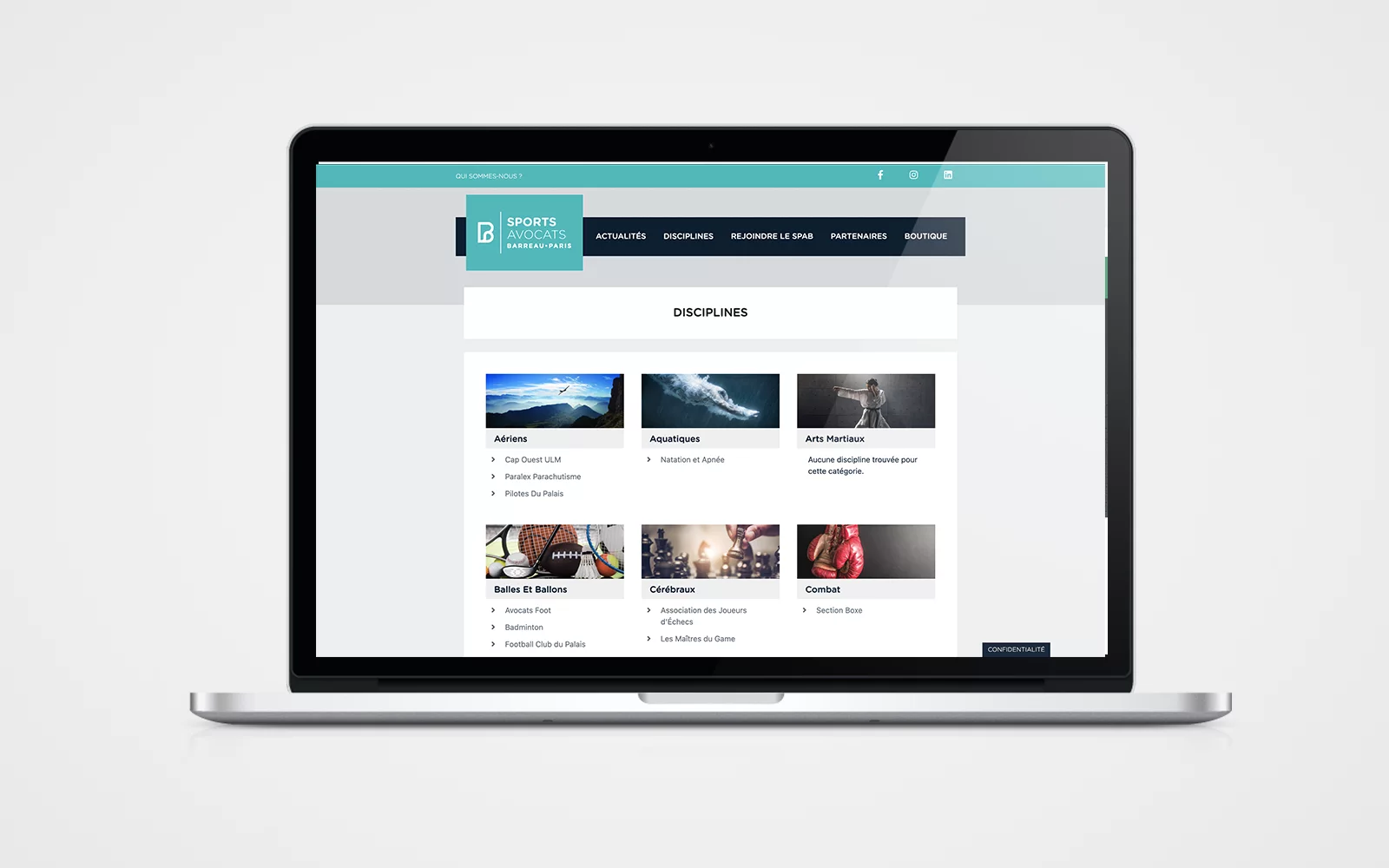 Page des disciplines sportives du site Sports au Barreau de Paris