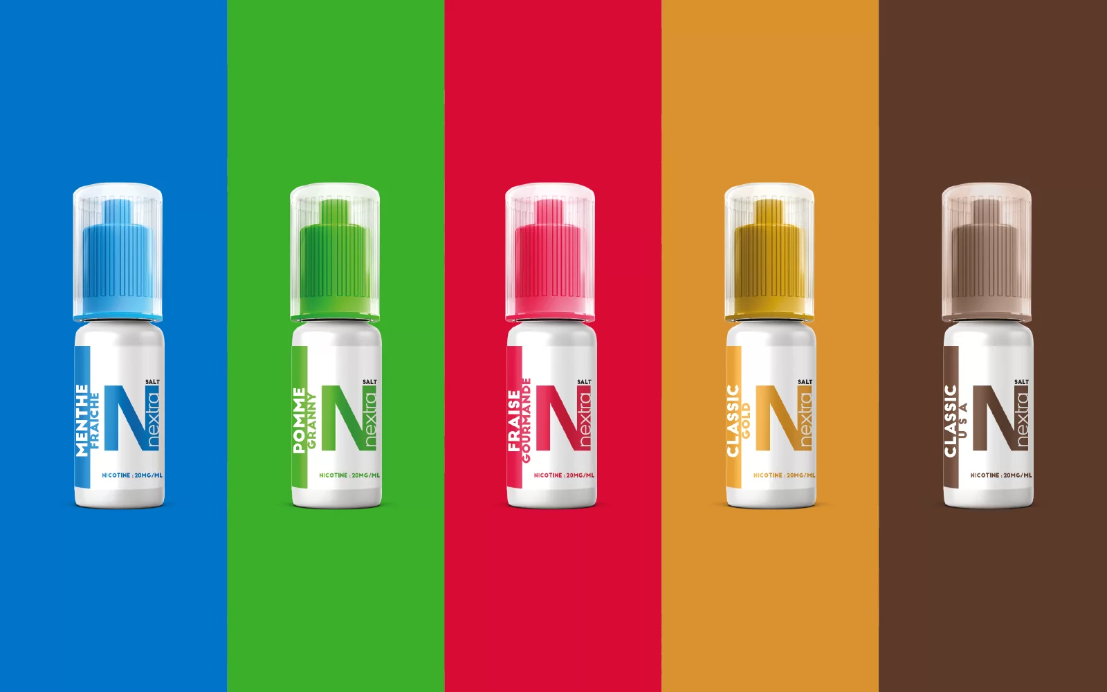 Gamme de flacons Nextra déclinée avec un code couleur par saveur