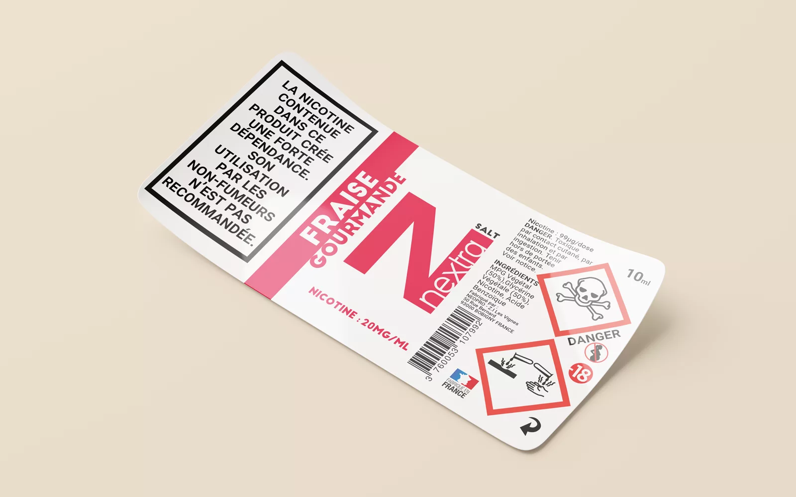 Étiquette Nextra Fraise Gourmande avec identité visuelle et informations produit