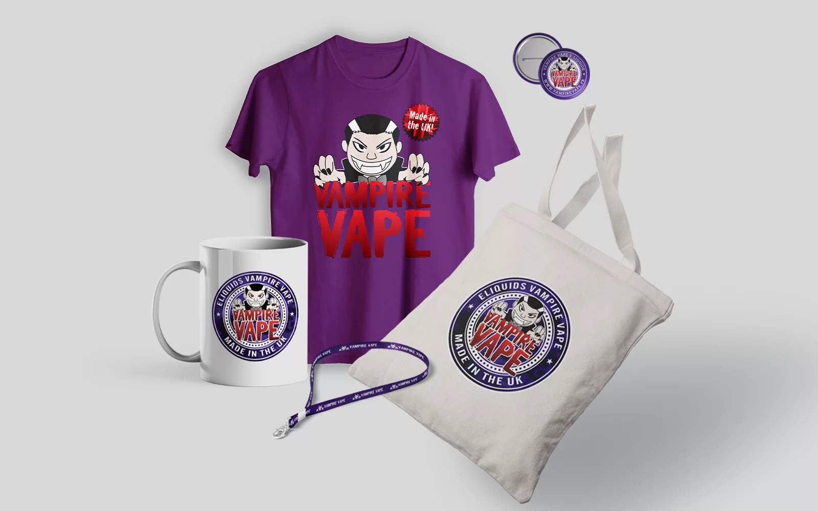 Goodies Vampire Vape personnalisés avec t-shirt, mug, tote bag et porte-clés