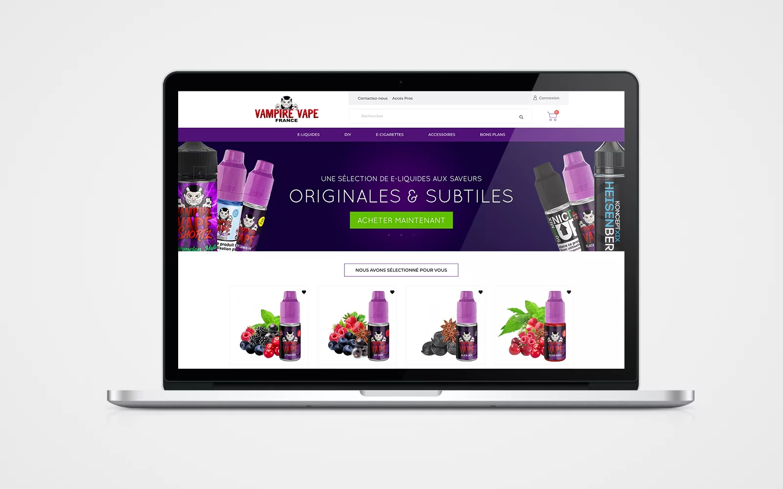 Site internet Vampire Vape France affiché sur ordinateur avec présentation des produits