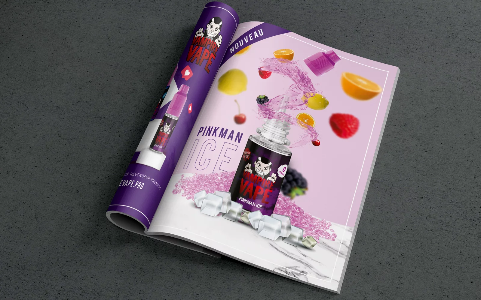 Annonce publicitaire Vampire Vape Pinkman Ice publiée dans la presse spécialisée