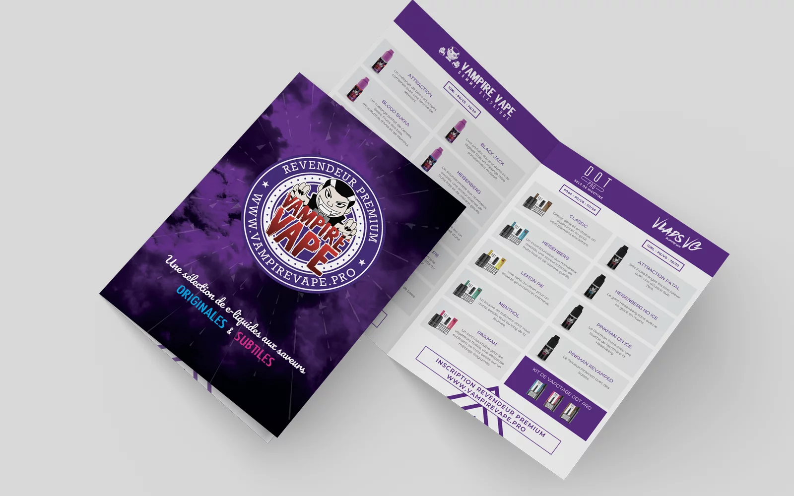 Dépliant commercial Vampire Vape France présentant les produits et le programme revendeur