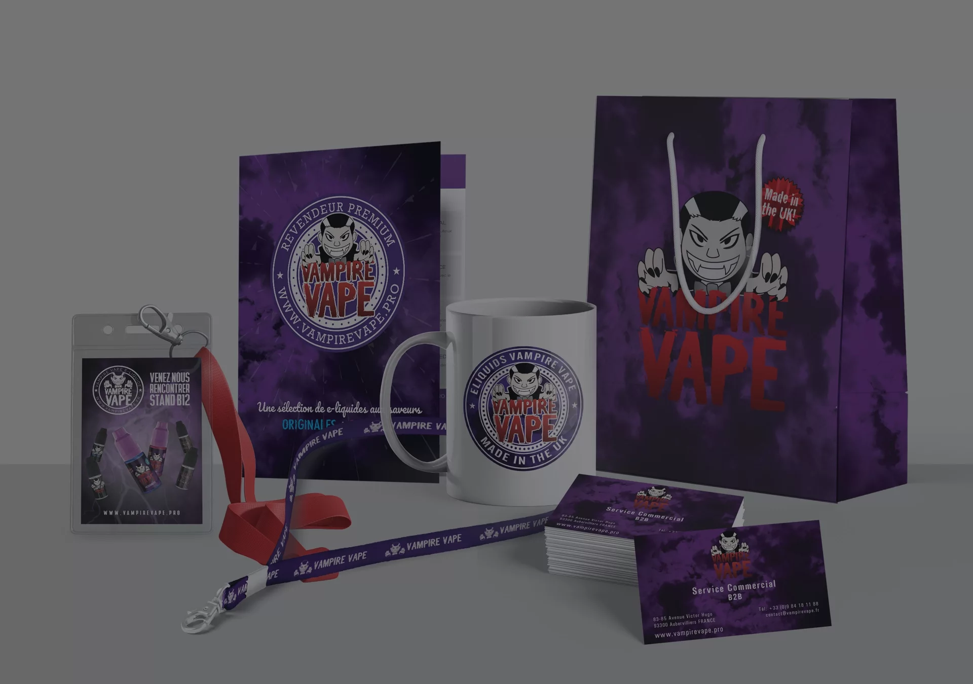 Supports de communication de Vampire Vape France avec visuels de marque, PLV, campagnes digitales et présence événementielle.